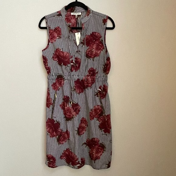 NWT Blk/White Stripe Floral Burgundy Flower Dress size M - Picture 2 of 8